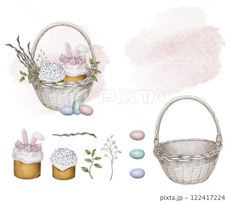 Set of Watercolor Easter Basket with Cakes and Eggs 122417224