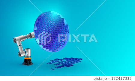 Robotic arm hold Semiconductors or Silicon Wafer on electronics factory. Semiconductor chips on circle wafer of silicon. Industrial technology process production electronics chips. Chip manufacturing. 122417333