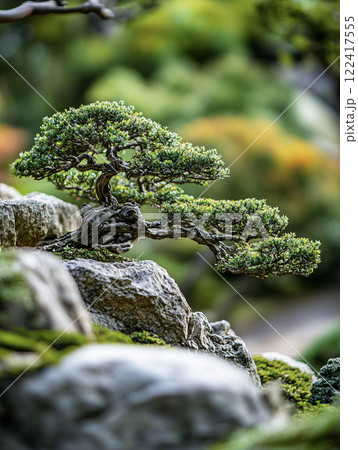 苔むした石と松の盆栽のある日本庭園 AI画像 苔むした石と松の盆栽のある日本庭園 AI画像 122417555