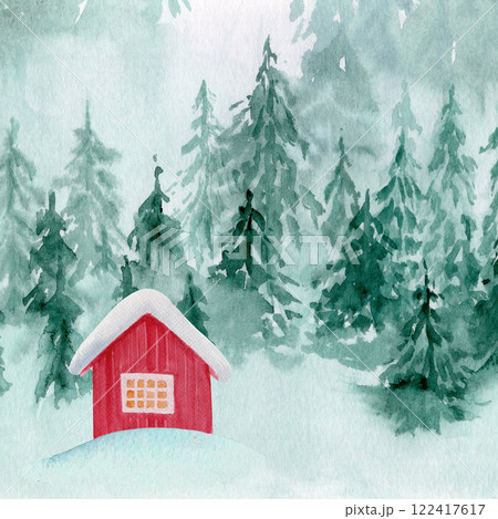 Red log house in a spruce forest watercolor illustration. Nature landscape design. High quality hand drawn art perfect for cards, banners, posters, books and stationary. Winter in Norway illustration 122417617