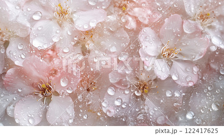 雨の光が宿る濡れた桜の花びらと淡いピンクの. 122417625