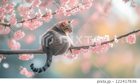 桜の枝で尻尾を振りながらくつろぐ猫の後ろ姿 桜の枝で尻尾を振りながらくつろぐ猫の後ろ姿 122417636