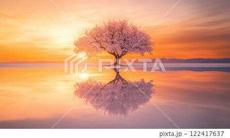 朝焼けに映る桜と塩湖の静寂な風景 122417637