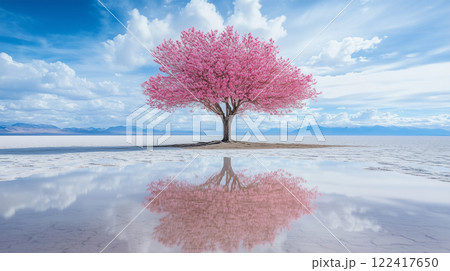 塩湖と乾いた地平に咲く桜の大木 塩湖と乾いた地平に咲く桜の大木 122417650