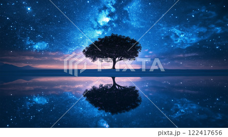 星空とウユニ塩湖に描かれる桜のシルエット 星空とウユニ塩湖に描かれる桜のシルエット 122417656