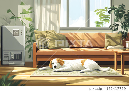 リビングルームで気持ちよさそうに眠る犬 リビングルームで気持ちよさそうに眠る犬 122417729