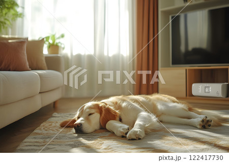 リビングルームで気持ちよさそうに眠る犬 リビングルームで気持ちよさそうに眠る犬 122417730