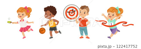 Happy Children Playing Sport and Doing Physical Activity Vector Set 122417752