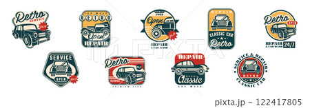 Classic Retro Car Repair and Garage Badge Vector Set Classic Retro Car Repair and Garage Badge Vector Set 122417805
