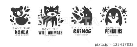 Save Wild Animal Logo and Monochrome Label Design Vector Set 122417832
