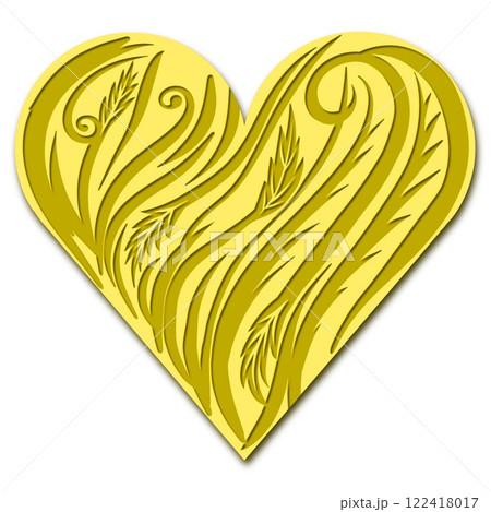 そよぐ唐草のレリーフイラスト、唐草模様のハートイラスト、金色のシンボル素材 122418017