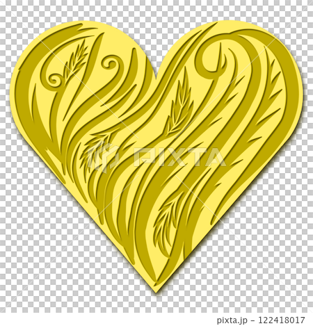 そよぐ唐草のレリーフイラスト、唐草模様のハートイラスト、金色のシンボル素材 122418017