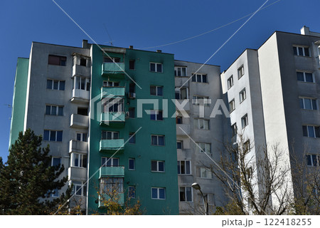 Typical facade of concrete panel building. Post Soviet flat of blocks 122418255
