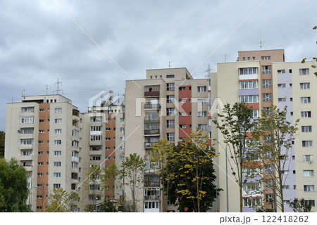 Post Soviet flat of blocks built in the Communist era, concrete apartment buildings Post Soviet flat of blocks built in the Communist era, concrete apartment buildings 122418262