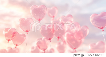 A dreamy scene featuring transparent pink heart-shaped balloons floating against a soft pastel sky during sunset. 122418298