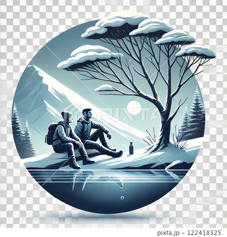 雪山で座る2人 122418325