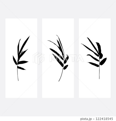 Hand drawn branch of bamboo leaves element with line pattern vector on white bakground. Oriental decoration with logo design, flyer or presentation in vintage style. Hand drawn branch of bamboo leaves element with line pattern vector on white bakground. Oriental decoration with logo design, flyer or presentation in vintage style. 122418545