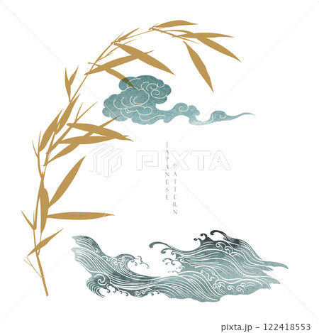 Japanese template with bamboo leaves with Chinese cloud and hand drawn wave vector. Abstract background illustration. Watercolor texture banner in vintage style. 122418553