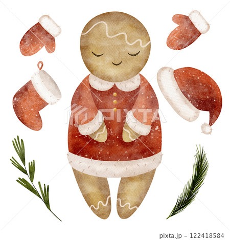 Watercolor illustration Christmas gingerbread man in Santa suit, sock, hat, mittens, fir tree branches. New Year set for design of postcards, posters, tableware, clothes, holiday invitations Watercolor illustration Christmas gingerbread man in Santa suit, sock, hat, mittens, fir tree branches. New Year set for design of postcards, posters, tableware, clothes, holiday invitations 122418584