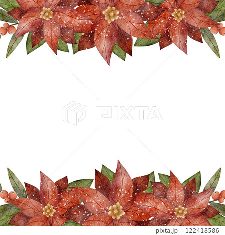 Frame of poinsettia flower. Watercolor illustration drawn by hands. On a white background with empty space for text for design of invitations, cards, posters, templates, dishes, clothes 122418586