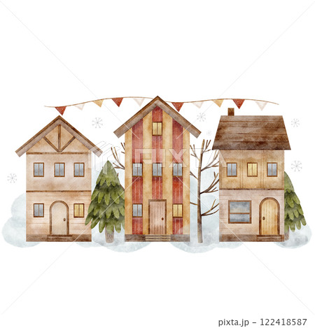 Watercolor composition Christmas houses stand in snowdrifts. Home hand drawn illustration on white background for design cards, posters, greetings, clothes. Festive atmosphere nordic new year Watercolor composition Christmas houses stand in snowdrifts. Home hand drawn illustration on white background for design cards, posters, greetings, clothes. Festive atmosphere nordic new year 122418587