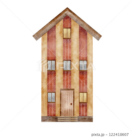 Watercolor illustration Scandinavian house with red, beige stripes. Hand drawn in cartoon style. Isolated home on white background for design of Christmas cards, posters, templates, interior stickers 122418607
