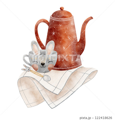 Watercolor composition red teapot, cup with rabbit face, spoon rest on blue striped napkin. Hand drawn illustration on white background for design of postcards, posters, tableware, menu, labels Watercolor composition red teapot, cup with rabbit face, spoon rest on blue striped napkin. Hand drawn illustration on white background for design of postcards, posters, tableware, menu, labels 122418626