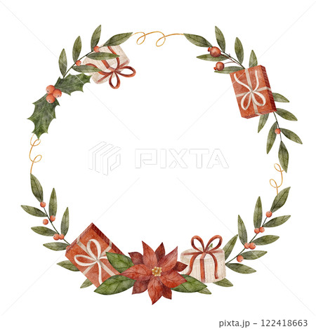 Wreath watercolor poinsettia flower, holly, boxes gifts. Illustration isolated on white background with space for text for printing new year cards, posters, templates, label, nursery decor 122418663