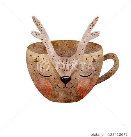 Watercolor illustration cup with horns, mug deer face. Hand drawn in Christmas style. Isolated on white background for design of New Year cards, tableware, menu, labels invitations, nursery decoration 122418671