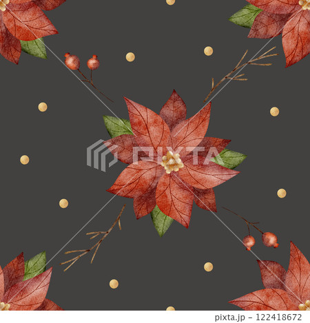 Watercolor pattern checkered poinsettia, branches, berries. Illustration of Christmas flower. New Year geometric seamless print on gray background for textiles, fabric, packaging, clothes Watercolor pattern checkered poinsettia, branches, berries. Illustration of Christmas flower. New Year geometric seamless print on gray background for textiles, fabric, packaging, clothes 122418672