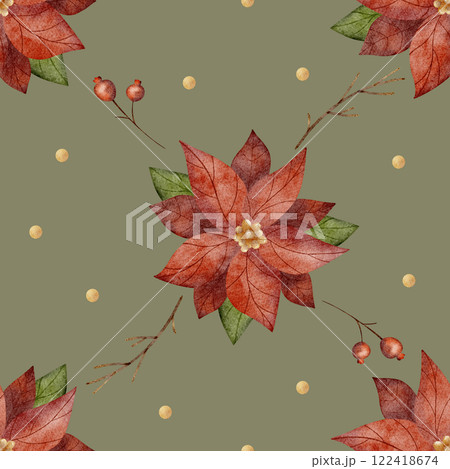 Watercolor floral pattern of poinsettia, branches, berries. Illustration of Christmas flower. New Year geometric seamless print on green background for textile, fabric, packaging, clothes 122418674