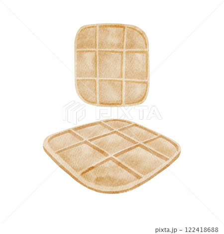 Watercolor illustration of Belgian waffles top view and volumetric. Minimalistic drawing in beige shades, isolated on white background for design of labels, menus, printing, pastries, bakeries, cafes Watercolor illustration of Belgian waffles top view and volumetric. Minimalistic drawing in beige shades, isolated on white background for design of labels, menus, printing, pastries, bakeries, cafes 122418688