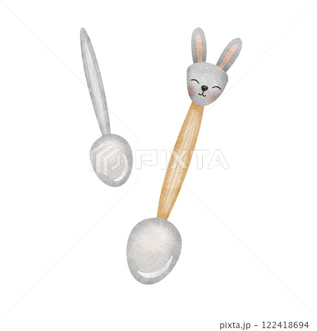 Watercolor illustration children's spoon with rabbit face, teacup with hare ears. Hand drawn in cartoon style. Isolated on white background for design of Christmas cards, menus, labels, invitations 122418694