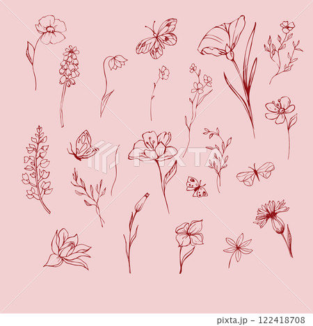vector flower doodles with butterflies and leaves 122418708