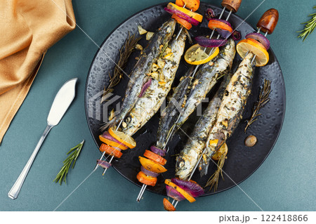 Grilled sardines, shashlik. 122418866