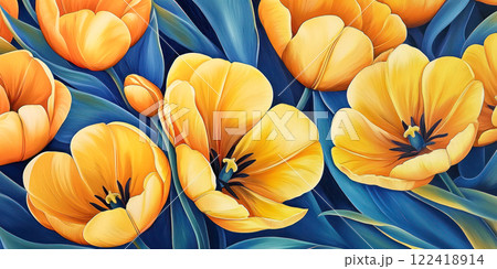 A vibrant close-up of yellow tulips with contrasting blue leaves, showcasing intricate details in a bold and artistic composition. 122418914