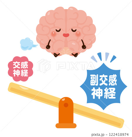 副交感神経が働いてリラックスする脳のキャラクターイラスト 122418974