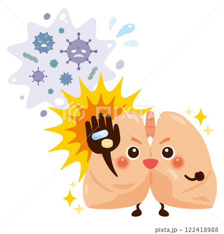 ウイルスを薬剤で治療して元気になる肺のキャラクターイラスト ウイルスを薬剤で治療して元気になる肺のキャラクターイラスト 122418988