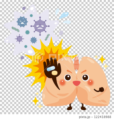 ウイルスを薬剤で治療して元気になる肺のキャラクターイラスト ウイルスを薬剤で治療して元気になる肺のキャラクターイラスト 122418988
