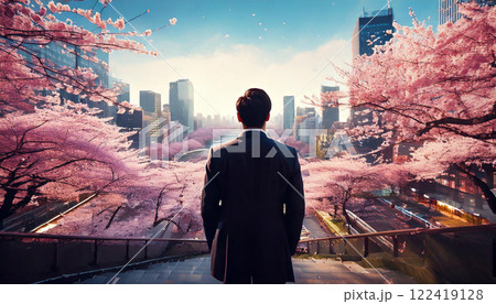 春のオフィス街を眺めるビジネスマン（AI生成画像） 122419128