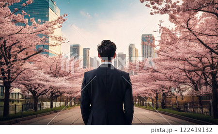 春のオフィス街を眺めるビジネスマン（AI生成画像） 122419132