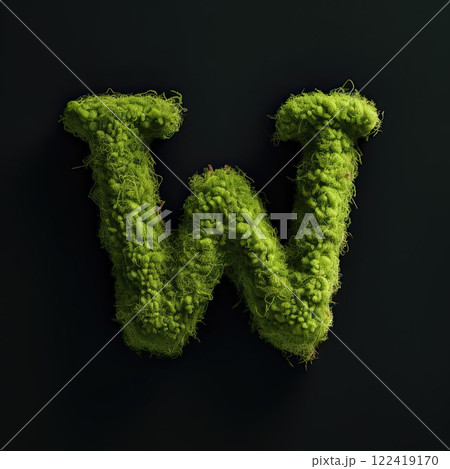 Letter W with moss. Large soft forest font. Green typographic symbol made of leaves. 122419170
