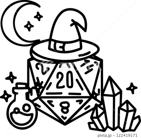 DND Dice Rpg board game character. Fantasy icosahedron wargame. 20-sided tabletop icon, cartoon style on white background DND Dice Rpg board game character. Fantasy icosahedron wargame. 20-sided tabletop icon, cartoon style on white background 122419171