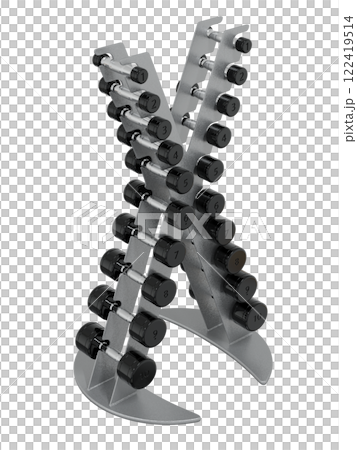 Gym Dumbbell rack in X shape, a stand for weightlifting gym equipment with different size and weight dumbbells. Png clipart isolated on transparent background Gym Dumbbell rack in X shape, a stand for weightlifting gym equipment with different size and weight dumbbells. Png clipart isolated on transparent background 122419514