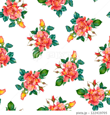 Seamless pattern featuring watercolor illustrations of red roses, buds and leaves on white background. Hand drawn illustration for Valentine's Day textile or packaging design, invitations, cards. 122419705