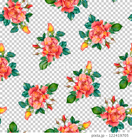 Seamless pattern featuring watercolor illustrations of red roses, buds and leaves on white background. Hand drawn illustration for Valentine's Day textile or packaging design, invitations, cards. 122419705
