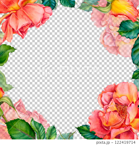 Red rose flowers bouquet with greenery. Vibrant watercolor floral illustration. Botanical, blooming frame on isolated background. Perfect for wedding invitation, stationary, greetings, fashion design. Red rose flowers bouquet with greenery. Vibrant watercolor floral illustration. Botanical, blooming frame on isolated background. Perfect for wedding invitation, stationary, greetings, fashion design. 122419714