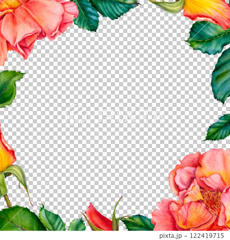 Red rose flowers bouquet with greenery. Vibrant watercolor floral illustration. Botanical, blooming frame on isolated background. Perfect for wedding invitation, stationary, greetings, fashion design. Red rose flowers bouquet with greenery. Vibrant watercolor floral illustration. Botanical, blooming frame on isolated background. Perfect for wedding invitation, stationary, greetings, fashion design. 122419715