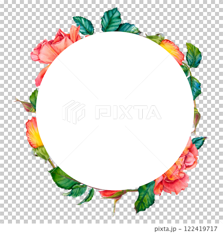Watercolor floral wreath with red-yellow roses in blossom, green leaves and buds isolated on white background. Hand painted botanical illustration of flowers for invitations, wedding or greeting cards 122419717