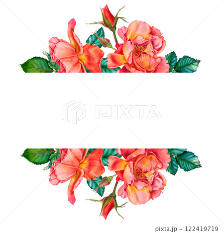 Botanical frame with rose flowers, green leaves and buds. Hand painted watercolor illustration on isolated background. Blank postcard with space for text. For summer floral design, wedding invitation. Botanical frame with rose flowers, green leaves and buds. Hand painted watercolor illustration on isolated background. Blank postcard with space for text. For summer floral design, wedding invitation. 122419719